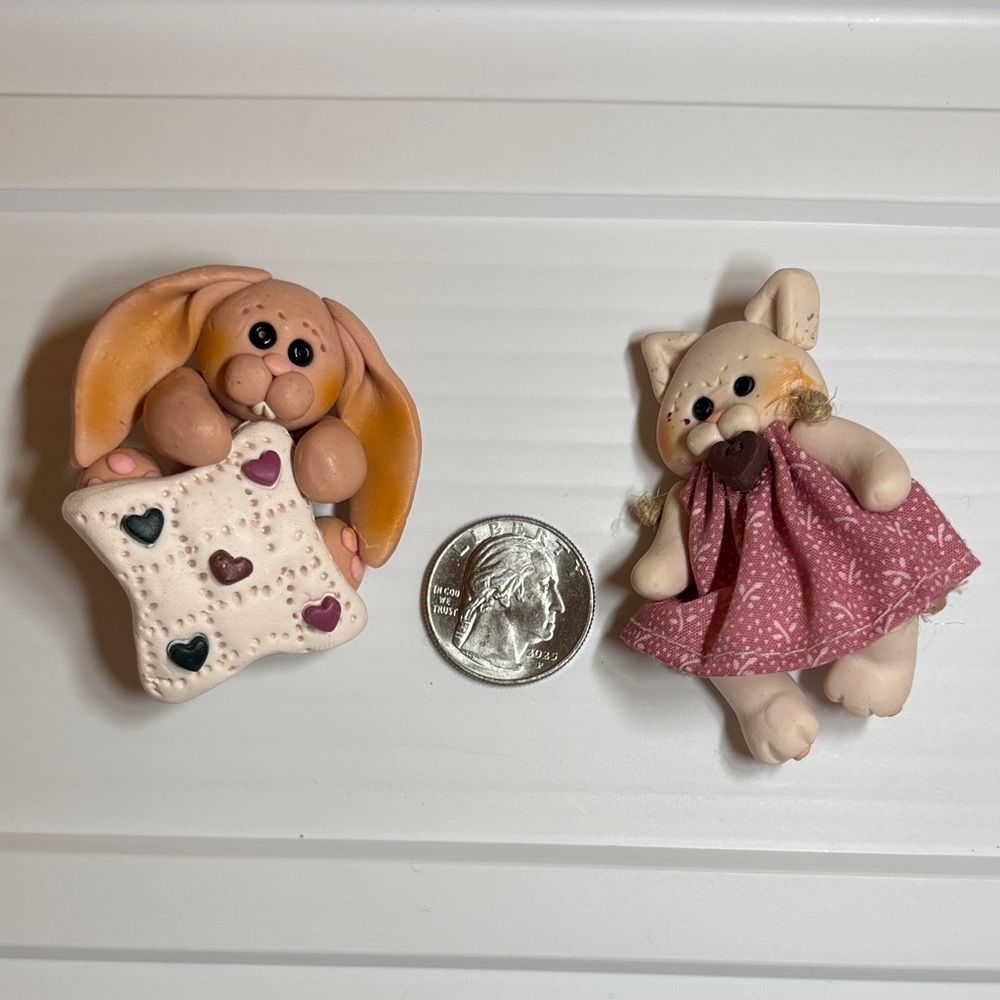 Handcrafted Vintage Suzi Little Blessings Clay Bunny and Cat brooches